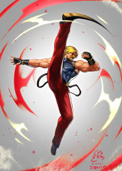 Rule 34 | abs, biceps, black footwear, blonde hair, facial hair, full body, genocide cutter, gloves, grey background, high kick, highres, jintetsu, kicking, large pectorals, leg lift, leg up, mature male, motion blur, muscular, muscular male, mustache, pants, pectorals, red eyes, red pants, rugal bernstein, shiny clothes, skin tight, snk, solo, split, standing, standing on one leg, standing split, suspenders, the king of fighters, the king of fighters &#039;94, toned, toned male