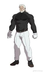 Rule 34 | 1boy, bara, check copyright, copyright request, frown, full body, gloves, highres, konohanaya, large pectorals, long hair, looking ahead, low ponytail, male focus, mature male, muscular, muscular male, old, old man, original, pants, pectorals, shirt, solo, standing, strongman waist, tachi-e, thick eyebrows, tight clothes, tight shirt, white background, white hair