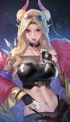 Rule 34 | 1girl, belt collar, black pants, blonde hair, breasts, bustier, candy, card, cellphone, chain, cleavage, coat, collar, collarbone, crop top, demon girl, eyewear on head, fingerless gloves, food, forehead, fur trim, gloves, highleg, highleg panties, highres, horns, jewelry, large breasts, leaning against motorcycle, linea alba, lollipop, long sleeves, looking at viewer, mole, mole under eye, navel, navel piercing, necklace, original, panties, pants, panty straps, parted bangs, parted hair, phone, piercing, pointy ears, pubic tattoo, red eyes, shiny clothes, smartphone, solo, spikes, strapless, sunglasses, tattoo, tongue, tongue out, tsuki no i-min, tsurime, tube top, underwear