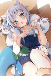 Rule 34 | 1girl, animal ears, blue dress, blue eyes, blush, box, cat ears, collarbone, dress, fang, fins, fish tail, gawr gura, gawr gura (casual), grey hair, highres, hololive, hololive english, in box, in container, looking at viewer, lying, paw pose, paw print, seboneko, shark tail, short dress, sleeveless, smol gura, solo, tail, toes, virtual youtuber, white hair