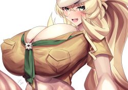 Rule 34 | 1girl, abs, absurdres, barghest (fate), barghest (swimsuit archer) (fate), barghest (swimsuit archer) (first ascension) (fate), blonde hair, breast pocket, breasts, cleavage, crop top, crossed bangs, fate/grand order, fate (series), green eyes, green neckerchief, highres, huge breasts, lee-taro, long hair, low neckline, muscular, muscular female, neckerchief, open mouth, pocket, ponytail, scout uniform, shirt, signature, solo, yellow shirt
