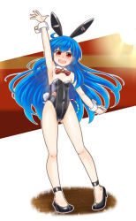 Rule 34 | 1girl, animal ears, arm up, black footwear, black leotard, blue hair, bow, bowtie, covered navel, detached collar, flat chest, full body, hinanawi tenshi, leotard, long hair, mail (mail gell), playboy bunny, rabbit ears, rabbit girl, rabbit tail, red bow, red bowtie, red eyes, solo, strapless, strapless leotard, tail, touhou, wrist cuffs