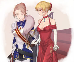 Rule 34 | 2girls, absurdres, bare shoulders, blonde hair, blue gemstone, breasts, brown gloves, brown hair, choker, cleavage, closed mouth, collarbone, couple, dress, earrings, elbow gloves, evening gown, gem, gloves, granblue fantasy, grin, hair between eyes, hair intakes, highres, holding hands, jewelry, katalina (granblue fantasy), long dress, medium breasts, miso-ha (ukyuu), multiple girls, off-shoulder dress, off shoulder, red choker, red dress, red eyes, short hair, smile, stairs, vira (granblue fantasy), white gloves, yuri