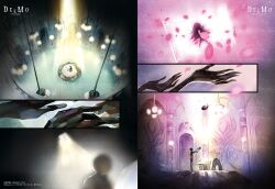 Rule 34 | 1girl, 1other, ceiling light, deemo, deemo (character), falling, falling petals, girl (deemo), indoors, long hair, multiple views, niwa haruki, official art, open hands, outstretched arms, painting (medium), petals, silhouette, spotlight, traditional media, very wide shot, watercolor (medium)