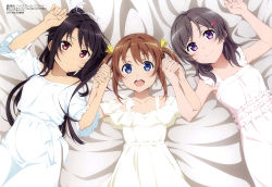 Rule 34 | 3girls, :d, absurdres, arm up, bare arms, bed sheet, black hair, blue eyes, brown hair, china moeka, closed mouth, collarbone, dress, frilled dress, frills, from above, hair ornament, hair ribbon, hairclip, high school fleet, highres, holding hands, interlocked fingers, jiang yifan, lying, medium hair, megami magazine, misaki akeno, multiple girls, munetani mashiro, official art, on back, open mouth, purple eyes, red eyes, ribbon, scan, short hair, sidelocks, smile, teeth, twintails, upper body, upper teeth only, white dress