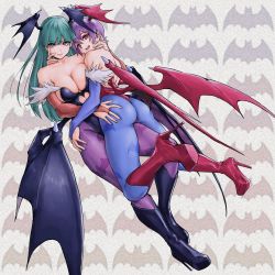 Rule 34 | 2girls, animal print, ass, bat background, bat print, boots, breasts, capcom, cleavage, closed mouth, collarbone, commentary request, demon girl, demon wings, fingernails, full body, fur trim, green eyes, green hair, head wings, high heel boots, high heels, highres, hug, knee boots, large breasts, leotard, lilith aensland, lips, long hair, looking at viewer, looking back, low wings, morrigan aensland, multiple girls, open mouth, pantyhose, platform footwear, print pantyhose, purple hair, red eyes, short hair, siblings, simple background, sisters, skin tight, smile, strapless, strapless leotard, vampire (game), wings, x chitch