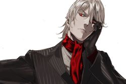 Rule 34 | 1boy, antonio salieri (fate), antonio salieri (second ascension) (fate), ascot, black gloves, closed mouth, fate/grand order, fate (series), formal, gloves, head rest, looking at viewer, male focus, pako (pakosun), pinstripe pattern, pinstripe suit, red eyes, silver hair, simple background, solo, striped, suit, upper body, white background