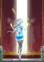 Rule 34 | 1girl, blue eyes, china dress, chinese clothes, dongqing zaozigao, dress, from behind, gate, highres, long hair, looking at viewer, looking back, luo tianyi, shoes, short hair with long locks, silver hair, solo, thighhighs, vocaloid, zettai ryouiki