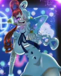 Rule 34 | 1girl, 2yu akaunto, absurdres, backlighting, blue ribbon, buttons, dancing, dress, eyelashes, frilled dress, frills, hair over one eye, hair rings, headphones, highres, led, led signboard, light particles, motion blur, multicolored hair, one piece, open mouth, purple eyes, ribbon, signature, single sleeve, smile, sweat, teeth, thighs, twintails, two-tone hair, uta (one piece), white dress
