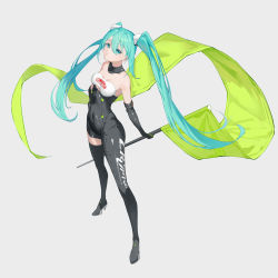 Rule 34 | absurdres, aqua eyes, aqua hair, bare shoulders, bingdongluofeiyu, black footwear, black gloves, boots, breasts, cleavage, closed mouth, clothes writing, collarbone, covered navel, detached collar, elbow gloves, flag, full body, gloves, hair between eyes, hand on own hip, hatsune miku, high heel boots, high heels, highres, holding, holding flag, long hair, looking at viewer, race queen, racing miku, racing miku (2022), simple background, single thigh boot, small breasts, standing, thigh boots, twintails, very long hair, vocaloid, white background