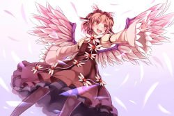 Rule 34 | 1girl, animal ears, bird wings, black pantyhose, brown dress, dress, feathers, hat, juliet sleeves, koxo-01, long sleeves, mystia lorelei, open mouth, outstretched arms, pantyhose, pink eyes, pink hair, puffy sleeves, smile, solo, touhou, wide sleeves, wings