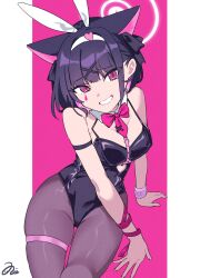 Rule 34 | 1girl, 51likes, absurdres, alternate costume, animal ears, armband, black hair, black leotard, black pantyhose, blue archive, cat ears, cat girl, commentary, extra ears, fake animal ears, halo, highres, kazusa (blue archive), leotard, looking at viewer, multicolored background, pantyhose, pink background, pink hair, playboy bunny, rabbit ears, rabbit hole (vocaloid), red eyes, short hair, smile, solo, symbol-only commentary, teardrop facial mark, thigh strap, two-tone background, white background