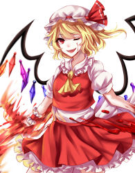 Rule 34 | 1girl, absurdres, ascot, bad id, bad pixiv id, blonde hair, blood, blood on face, blood on hands, bloody hand, collar, cowboy shot, cropped vest, eyelashes, fire, fire, flandre scarlet, frilled collar, frilled shirt collar, frilled skirt, frills, hair between eyes, hat, highres, holding, holding weapon, laevatein, looking at viewer, miniskirt, mob cap, one eye closed, open mouth, petticoat, red eyes, red skirt, red vest, sheya, shirt, short hair, short sleeves, simple background, skirt, skirt set, solo, teeth, tongue, touhou, vest, weapon, white background, white shirt, wings, wrist cuffs