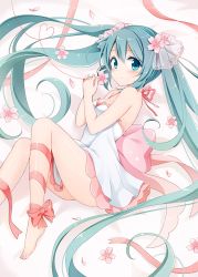 Rule 34 | 1girl, bare legs, bare shoulders, barefoot, bed sheet, blue eyes, blue hair, blush, bow, breasts, cleavage, dress, expressionless, halterneck, hatsune miku, heart, heart of string, leg ribbon, long hair, looking at viewer, lying, matching hair/eyes, on side, petals, pink bow, pinky out, ribbon, see-through, sleeveless, sleeveless dress, snowmi, solo, string, string of fate, tareme, thigh ribbon, toes, very long hair, vocaloid, white dress