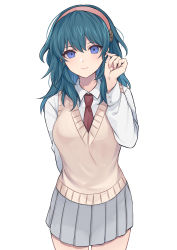Rule 34 | 1girl, absurdres, alternate costume, banned artist, blue eyes, blue hair, breasts, byleth (female) (fire emblem), byleth (fire emblem), commentary request, contemporary, cowboy shot, fire emblem, fire emblem: three houses, grey skirt, hairband, hand up, highres, long hair, long sleeves, looking at viewer, medium breasts, miniskirt, necktie, nintendo, pink hairband, pleated skirt, red necktie, school uniform, shimizu akina, shirt, simple background, skirt, smile, solo, standing, sweater vest, white background, white shirt