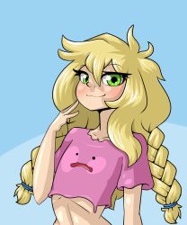 Rule 34 | 1girl, blonde hair, blue background, blush, borrowed character, braid, cleavage cutout, clothing cutout, collarbone, creatures (company), crop top, ditto, female focus, flat chest, game freak, gen 1 pokemon, green eyes, hair tie, half-closed eyes, hand up, highres, limebreaker, living clothes, long hair, looking at viewer, nintendo, original, pink shirt, pokemon, pokemon (creature), pokemon rgby, shirt, short sleeves, simple background, smile, twin braids, two-tone background, upper body