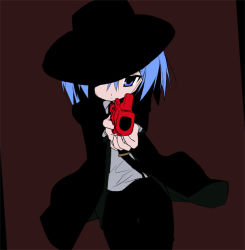 Rule 34 | 00s, 1girl, blue eyes, blue hair, fedora, formal, hat, holding, iwasaki minami, jacket, kuroba u, looking at viewer, lucky star, matching hair/eyes, necktie, open clothes, open jacket, pants, red background, shirt, simple background, solo, suit, white shirt