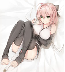 Rule 34 | 1girl, ahoge, bare shoulders, bed sheet, between legs, black panties, black thighhighs, blonde hair, blush, bow, commentary request, fate (series), feet, full body, green eyes, hair bow, highres, holding, holding sword, holding weapon, japanese clothes, kimono, koha-ace, looking at viewer, lying, okita souji (fate), okita souji (koha-ace), on back, on bed, panties, pillow, sash, sheath, sheathed, short hair, short kimono, silver (chenwen), smile, solo, sword, thighhighs, toeless legwear, toes, underwear, weapon, yellow eyes