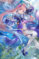 Rule 34 | 1girl, arm up, blue footwear, blue gemstone, blue hair, bow, bow-shaped hair, breasts, collar, colored tips, detached collar, fish, frilled collar, frilled sleeves, frills, gem, genshin impact, gloves, half gloves, highres, long hair, long sleeves, looking at viewer, multicolored hair, navel, open mouth, pink eyes, pink hair, ponytail, purple eyes, sangonomiya kokomi, small breasts, smile, solo, soraneko hino, teeth, thighhighs, underwater, upper teeth only, vision (genshin impact), water, white gloves, white thighhighs, wide sleeves