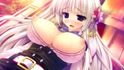 Rule 34 | 1girl, aina ashwin, blonde hair, blue eyes, blush, breasts, breasts out, game cg, hair ornament, highres, large breasts, long sleeves, nipples, official art, open mouth, prism recollection!, puffy nipples, shintarou, solo, sweat