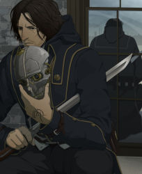 Rule 34 | 1boy, animification, beard, belt, breath, brown eyes, brown hair, buttons, coat, corvo attano, dishonored, facial hair, gb (doubleleaf), male focus, mask, reflection, solo, sword, weapon, window