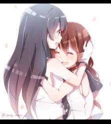 Rule 34 | 10s, 2girls, agano (kancolle), artist name, black hair, blue eyes, brown hair, cherry rosso, closed eyes, gloves, happy tears, hug, kantai collection, letterboxed, long hair, multiple girls, noshiro (kancolle), open mouth, personification, tears