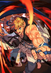 Rule 34 | 1boy, belt, black shirt, blonde hair, blue eyes, blue pants, cross, english text, eyepatch, flag, guilty gear, guilty gear strive, hungry clicker, male focus, muscular, muscular male, open mouth, outstretched arm, pants, ringed eyes, shirt, short hair, sin kiske