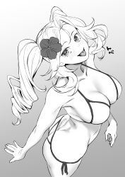 Rule 34 | 1girl, bikini, breasts, cleavage, collarbone, flower, from above, greyscale, hair flower, hair ornament, highres, honolulu (kancolle), kantai collection, large breasts, long hair, looking at viewer, monochrome, official alternate costume, open mouth, ringlets, shingyou (alexander-13), side-tie bikini bottom, simple background, solo, swimsuit, teeth, tongue, tongue out, twintails, upper teeth only