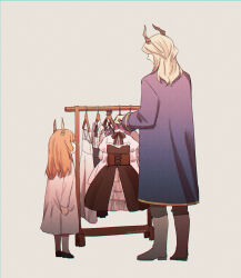 Rule 34 | 1boy, 1girl, blonde hair, blue coat, boots, brown dress, brown ribbon, clothes hanger, clothes rack, coat, commentary request, corset, demon boy, demon girl, demon horns, dress, facing away, feng cheng (kanon91426), frilled dress, frills, from behind, full body, grey background, grey pants, highres, holding, holding clothes hanger, horns, juliet sleeves, knee boots, linie (sousou no frieren), long hair, long sleeves, lugner (sousou no frieren), pants, puffy sleeves, ribbon, shirt, sousou no frieren, standing, unworn dress, white footwear, white shirt