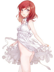 Rule 34 | 10s, 1girl, ass, blush, bottomless, dress, fly 333, love live!, love live! school idol project, nishikino maki, no panties, open mouth, red hair, short hair, simple background, solo, thighs, tongue, white background