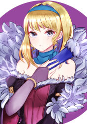 Rule 34 | 1girl, bare shoulders, blonde hair, blue choker, blue eyes, blue hair, blue hairband, choker, colored inner hair, commentary request, constance von nuvelle, dress, drill hair, drill sidelocks, earrings, fire emblem, fire emblem: three houses, fire emblem warriors: three hopes, hairband, hand up, highres, holding, jewelry, konoka624, long sleeves, looking at viewer, medium hair, multicolored hair, nintendo, off-shoulder dress, off shoulder, sidelocks, solo, upper body