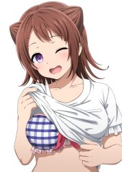 Rule 34 | 1girl, bang dream!, bikini, bikini under clothes, breasts, brown hair, clothes lift, collarbone, commentary, cone hair bun, hair bun, hair ornament, highres, large breasts, medium hair, noshimurin, one eye closed, open mouth, paid reward available, purple eyes, shirt, shirt lift, simple background, solo, star (symbol), star hair ornament, swimsuit, toyama kasumi, upper body, white background, white shirt