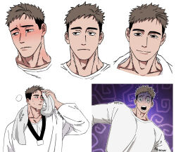 Rule 34 | 1boy, balnom, bara, cropped shoulders, crying, expressions, gloom (expression), highres, large pectorals, light smile, looking to the side, male focus, mature male, mole, mole under eye, multiple views, muscular, muscular male, open mouth, original, pectorals, short hair, sideburns, smile, tearing up, thick eyebrows, trembling, unamused, undercut, upper body, wiping sweat