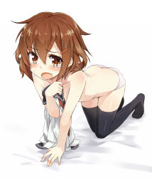 Rule 34 | 10s, 1girl, all fours, amagai tarou, black thighhighs, blush, brown eyes, brown hair, censored, collarbone, convenient censoring, covering privates, covering breasts, fang, hair ornament, hairclip, holding, ikazuchi (kancolle), kantai collection, open mouth, panties, personification, school uniform, short hair, sweat, tears, thighhighs, topless, underwear, white panties