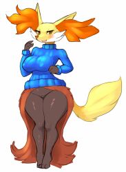 Rule 34 | 1girl, bad furaffinity id, bad id, blush, bottomless, covered erect nipples, creatures (company), delphox, fang, full body, furry, furry female, game freak, gen 6 pokemon, hypnofood, looking at viewer, nintendo, open mouth, orange eyes, pokemon, smile, solo, standing, sweater, thick thighs, thighs, turtleneck, turtleneck sweater, white background, wide hips