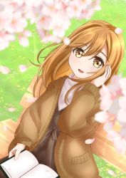 Rule 34 | 1girl, adjusting hair, artist name, artist request, black skirt, blush, book, book on lap, breasts, brown eyes, brown hair, brown jacket, female focus, floating hair, flower, hair between eyes, highres, holding, holding book, jacket, kunikida hanamaru, light brown hair, long hair, long sleeves, looking at viewer, looking up, love live!, love live! sunshine!!, miniskirt, nunun dolphin, open clothes, open jacket, outdoors, parted lips, plaid, plaid skirt, playing with own hair, pleated, pleated skirt, sitting, skirt, smile, solo, sweater, turtleneck, turtleneck sweater, wavy hair, white flower, white sweater, yellow eyes