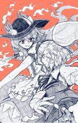 Rule 34 | 2girls, bright pupils, center frills, collared shirt, food, frills, fruit, greyscale, greyscale with colored background, grin, gurajio, hairband, hat, highres, hinanawi tenshi, holding, holding sword, holding weapon, konpaku youmu, konpaku youmu (ghost), leaf, long hair, looking at viewer, monochrome, multiple girls, neck ribbon, open mouth, orange background, peach, pleated skirt, puffy short sleeves, puffy sleeves, red background, red eyes, ribbon, shirt, short hair, short sleeves, simple background, skirt, smile, standing, sword, sword of hisou, touhou, v-shaped eyebrows, vest, weapon, white pupils