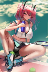 Rule 34 | 1girl, absurdres, arm support, azur lane, bad id, bad pixiv id, ball, bare shoulders, bike shorts under skirt, blurry, blurry background, blush, bottle, breasts, bremerton (azur lane), bremerton (scorching-hot training) (azur lane), chinese commentary, cleavage, collarbone, commentary, crop top, crop top overhang, day, full body, green footwear, green skirt, grey hair, hair between eyes, hair ornament, hairclip, highres, holding, holding bottle, jinpaitugounan, knee up, large breasts, long hair, looking at viewer, midriff, mole, mole under eye, multicolored hair, nail polish, navel, off shoulder, official alternate costume, parted lips, pink eyes, pink hair, pink nails, racket, shadow, shirt, shoes, sidelocks, sitting, skirt, sleeveless, sleeveless shirt, sneakers, solo, sportswear, streaked hair, sweat, tennis ball, tennis court, tennis racket, tennis uniform, twintails, two-tone hair, two-tone shirt, two-tone skirt, water bottle, wet, wet clothes, wet shirt, white shirt, white skirt, x hair ornament