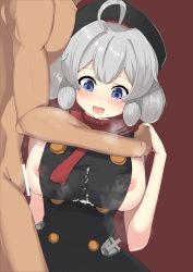 Rule 34 | 1boy, 1girl, ahoge, amidori, azur lane, bar censor, beret, blue eyes, blush, breasts, censored, commentary request, cum, cum on body, cum on breasts, cum on upper body, grey hair, hair between eyes, hat, highres, large breasts, nipple slip, nipples, open mouth, paizuri, penis, red background, short hair, simple background, sleeveless, solo focus, z28 (azur lane)