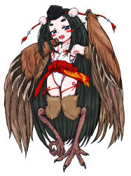 Rule 34 | 1girl, absurdly long hair, animal ears, animal hands, bird legs, black hair, blue eyes, blush stickers, brown feathers, brown wings, commission, digitigrade, fang, feathers, harpy, hat, highres, long hair, looking at viewer, monster girl, olsa (oftintys), open mouth, original, skeb commission, solo, talons, thick eyebrows, tokin hat, very long hair, white background, winged arms, wings