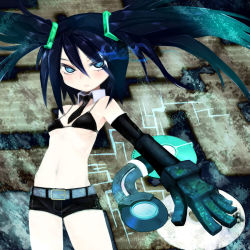 Rule 34 | 10s, 1girl, bikini, bikini top only, black bikini, black hair, black rock shooter, black rock shooter (character), blue eyes, collarbone, female focus, glowing, glowing eye, looking at viewer, midriff, navel, outstretched arm, sanae (satansanae), short shorts, shorts, solo, standing, stomach, swimsuit, twintails, vocaloid