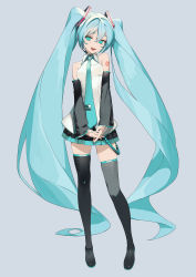 Rule 34 | 1girl, :d, absurdres, aqua eyes, aqua hair, aqua nails, aqua necktie, bad id, bad pixiv id, black footwear, black skirt, black sleeves, boots, check commentary, collared shirt, commentary, commentary request, detached sleeves, fang, full body, grey background, grey shirt, hair between eyes, hair ornament, hatsune miku, head tilt, headset, highres, interlocked fingers, long hair, looking at viewer, nail polish, necktie, number tattoo, open mouth, own hands together, pleated skirt, rsk (tbhono), shirt, simple background, skindentation, skirt, sleeveless, sleeveless shirt, smile, solo, tattoo, teeth, thigh boots, thighhighs, twintails, upper teeth only, very long hair, vocaloid