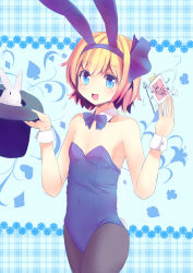 Rule 34 | 1girl, alice margatroid, alice margatroid (pc-98), animal ears, blonde hair, blue eyes, bow, bowtie, rabbit, rabbit ears, playboy bunny, card, culter, detached collar, flat chest, hat, highres, magician, pantyhose, playing card, short hair, solo, top hat, touhou, wrist cuffs