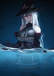 Rule 34 | 1girl, arknights, ascot, bare shoulders, black dress, black gloves, black hat, breasts, clothing cutout, commentary request, detached sleeves, dress, elbow gloves, female focus, gloves, hair between eyes, hat, highres, large breasts, long hair, looking at viewer, parted lips, partially submerged, partially underwater shot, red eyes, shirt, sidelocks, skadi (arknights), sleeveless, sleeveless shirt, solo, thigh cutout, underwater, water, wet, white hair, xiujia yihuizi