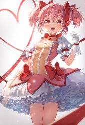 Rule 34 | 1girl, absurdres, bow, breasts, bubble skirt, choker, cocoa (ultra mdk), commentary request, cowboy shot, facing viewer, frilled skirt, frills, gloves, hair bow, heart ribbon, highres, kaname madoka, light blush, magical girl, mahou shoujo madoka magica, mahou shoujo madoka magica (anime), open mouth, pink hair, puffy short sleeves, puffy sleeves, red bow, red choker, red eyes, red ribbon, ribbon, ribbon choker, short hair, short sleeves, short twintails, skirt, small breasts, smile, solo, soul gem, teeth, twintails, upper teeth only, white gloves