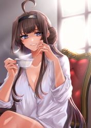 Rule 34 | 1girl, ahoge, alternate costume, black hairband, breasts, chair, cleavage, cup, double bun, dress shirt, hair bun, hairband, highres, holding, holding cup, indoors, jewelry, kantai collection, kongou (kancolle), large breasts, long hair, machi (ritovoyage), naked shirt, purple eyes, ring, shirt, sitting, solo, steam, teacup, twitter username, wedding band, white shirt, window