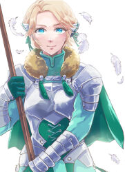 Rule 34 | 1girl, armor, blonde hair, breastplate, closed mouth, fire emblem, fire emblem: three houses, fur collar, gloves, green eyes, green gloves, hair ornament, highres, ingrid brandl galatea, looking at viewer, nintendo, sanami, short hair, shoulder armor, simple background, solo, upper body, white background