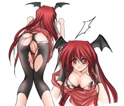 Rule 34 | 1girl, ass, breasts, censored, danshaku, demon girl, embodiment of scarlet devil, female focus, head wings, koakuma, large breasts, mosaic censoring, pussy, simple background, solo, tears, torn clothes, touhou, wings