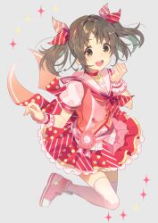 Rule 34 | 1girl, blush, bow, breasts, brown eyes, brown hair, choker, collarbone, dot nose, frilled skirt, frills, full body, grey background, hair bow, hair ornament, hair ribbon, hairband, hairclip, hands up, idolmaster, idolmaster cinderella girls, idolmaster cinderella girls starlight stage, imai kana, kurotea, leg up, looking at viewer, medium breasts, neckerchief, open mouth, pink footwear, pink sailor collar, pink scrunchie, pink shirt, polka dot, polka dot skirt, red choker, red hairband, red neckerchief, red ribbon, ribbon, sailor collar, scrunchie, shirt, shoes, short hair, short sleeves, simple background, skirt, smile, sneakers, solo, sparkle, striped clothes, striped neckerchief, striped ribbon, striped skirt, thighhighs, twintails, upper body, white thighhighs, wrist scrunchie, zettai ryouiki