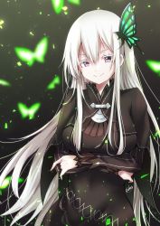 Rule 34 | 1girl, absurdres, black capelet, black dress, breasts, bug, butterfly, butterfly hair ornament, capelet, closed mouth, colored eyelashes, crossed arms, dress, echidna (re:zero), green butterfly, hair between eyes, hair ornament, highres, insect, long hair, long sleeves, looking at viewer, purple eyes, re:zero kara hajimeru isekai seikatsu, signature, smile, solo, white hair, yanagiba sakana